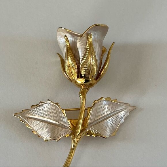 Vintage Two Tone Silver Gold Tone Rose Brooch - Picture 8 of 12